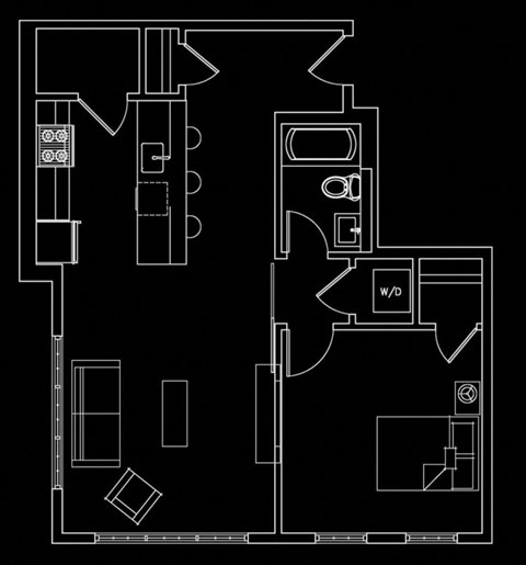 Floor plan for 1 bed, 1 bath, 743 sqft
